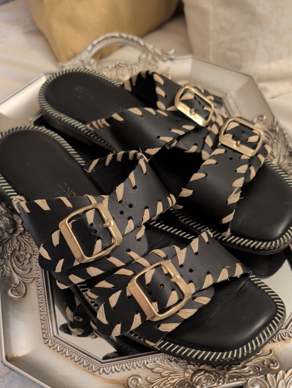 Black Slide Sandals with Beige Whipstitch and Gold Buckles Made in Italy